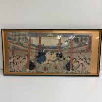 勸進大相撲之図 一寿斎芳員 浮世絵 三枚綴 額装 木版画